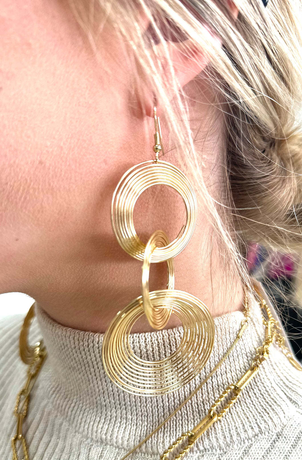 Gold Tri- Circle Earrings